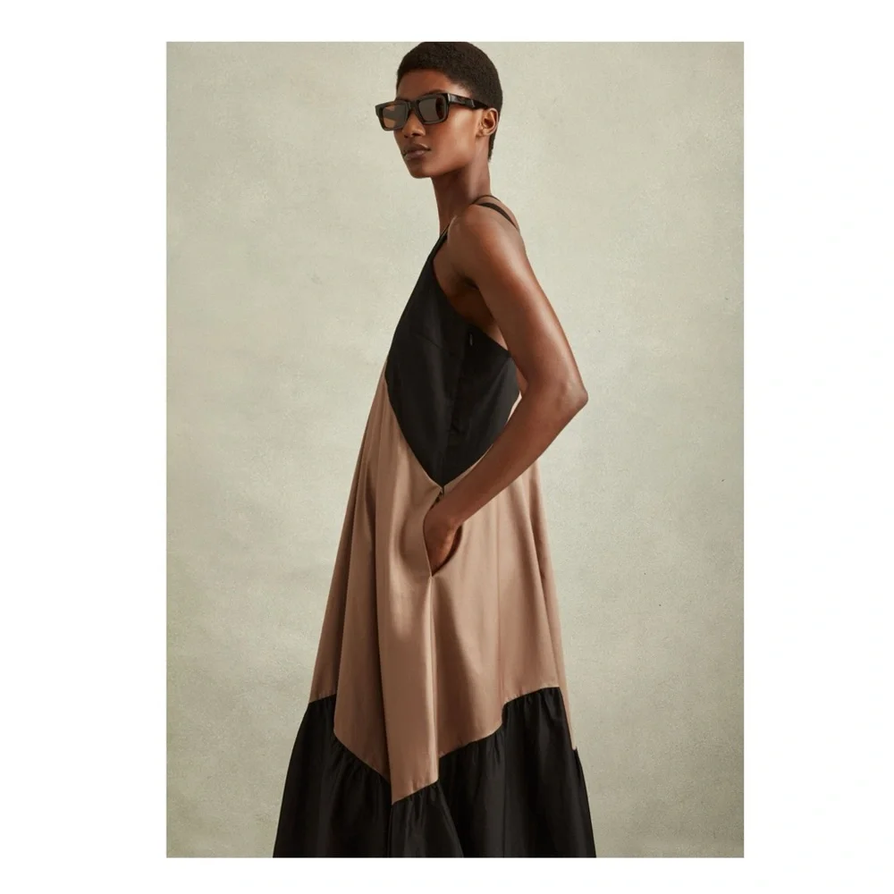 New! REISS LONDON “Natalie” Colorblock Tiered Midi Dress in Taupe and Black - Picture 5 of 11